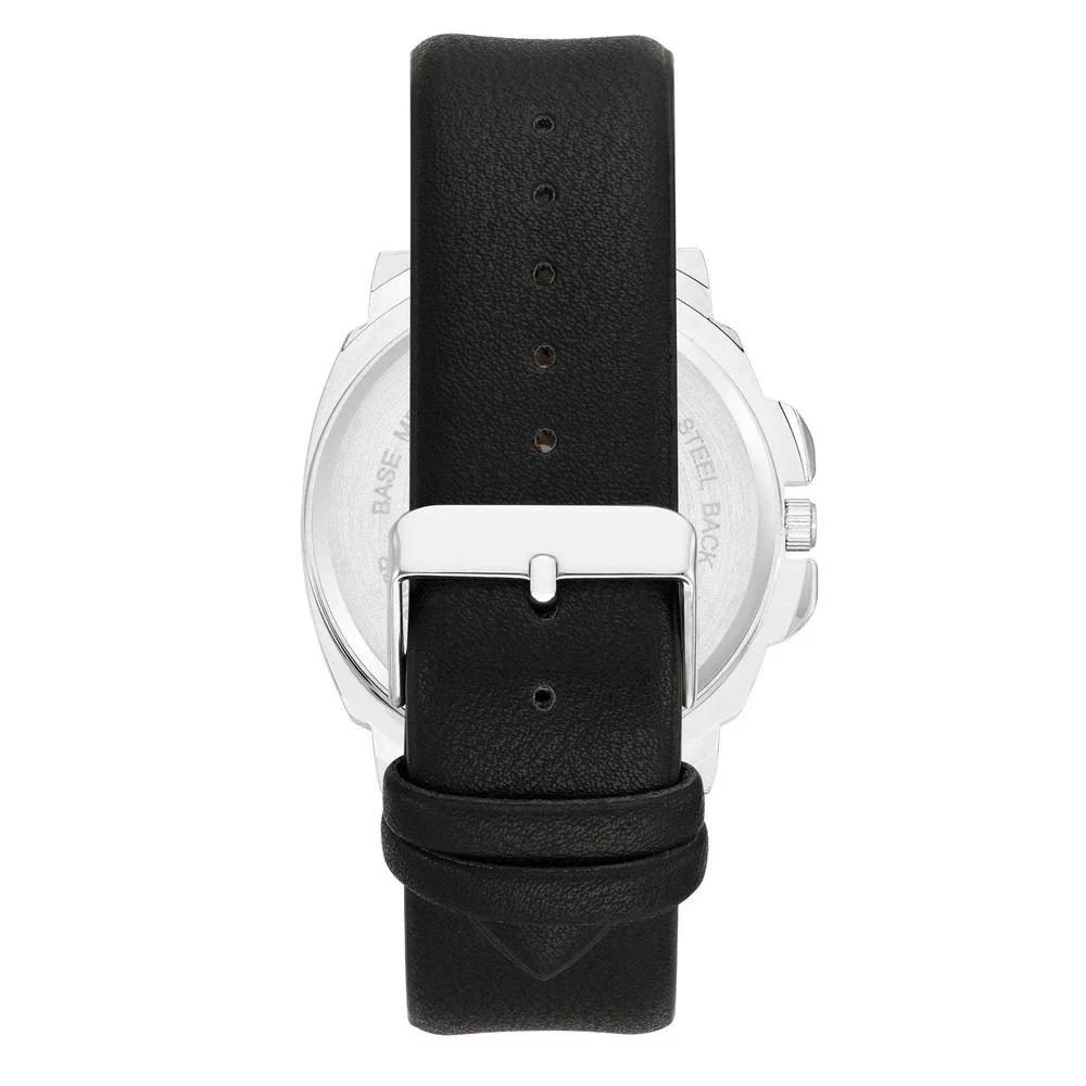 George Silver Tone Black Case Vegan Leather Strap Mens‎ Analog Watch NEW